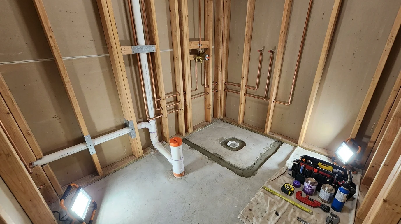 Bathroom rough-in plumbing during remodel by Johns Plumbing LLC in Cadott