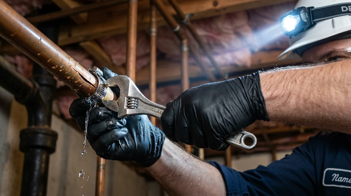 Emergency pipe clamp repair being performed by a Johns Plumbing LLC plumber in Cadott