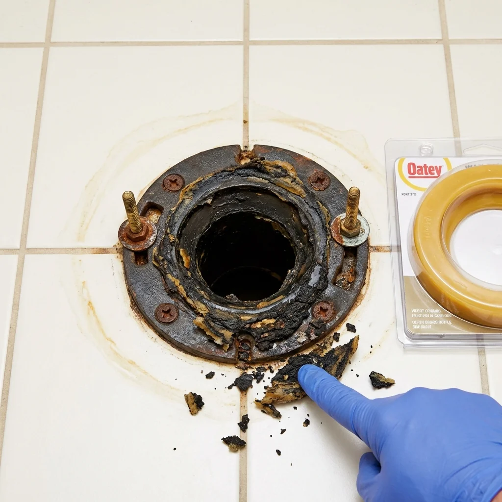 Failed wax ring showing water seepage at the base of a toilet in a Cadott, WI home
