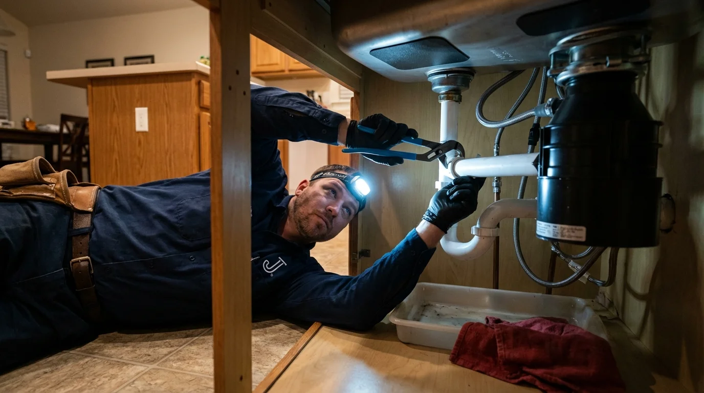 P-trap and supply line connections under a kitchen sink showing a common leak point in Cadott, WI